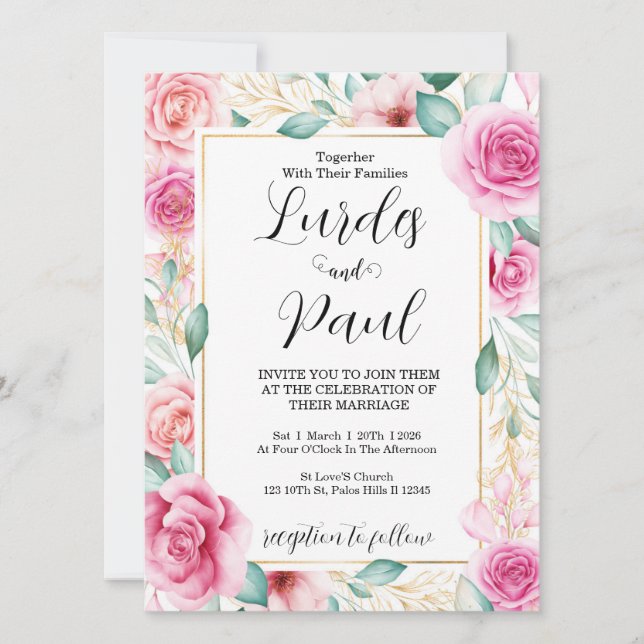 Convites  Wedding invitation Roses Pink (Frente)