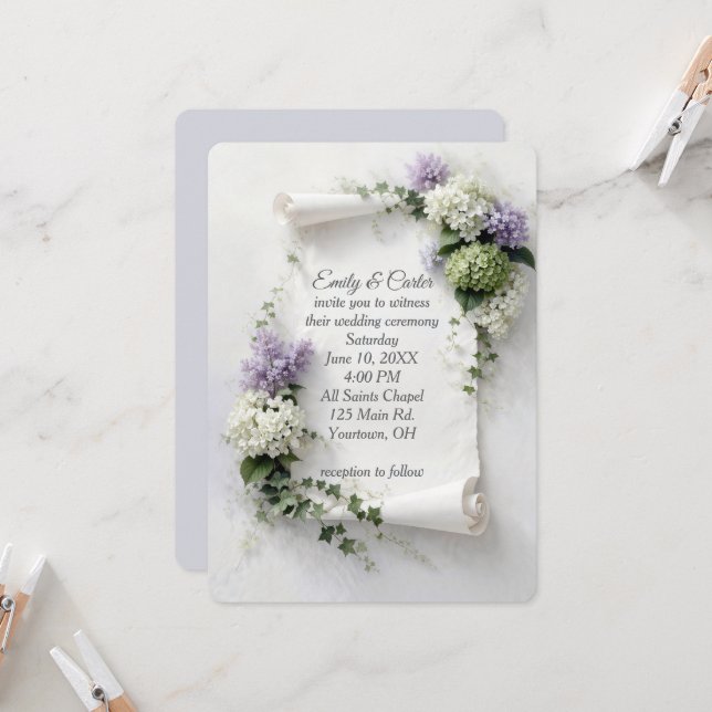 Convites Wedding Invite Scroll with Lilacs and Hydrangeas  (Frente/Verso In Situ)