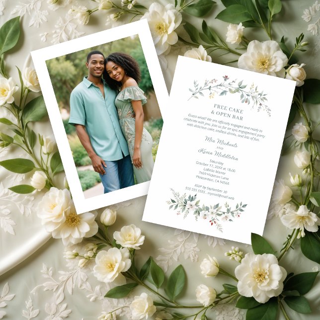 Convites Wedding Minimalist Green Flowers & Branches Photo (Wedding Minimalist Green Shades Flowers & Branches Photo Engagement Party Invitations Cards.)