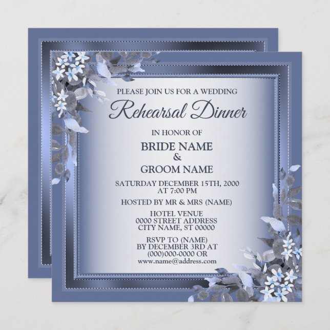 Convites Wedding Navy Blue Floral Silver Rehearsal Dinner (Frente/Verso)