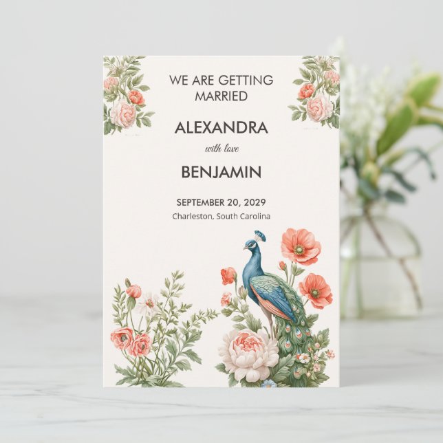 Convites Wedding Peacock Botanical Vintage | Announcement (Em pé/Frente)