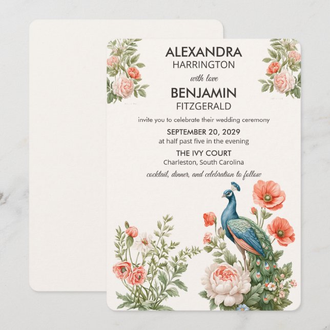 Convites Wedding Peacock Botanical | Vintage Floral Art (Frente/Verso)