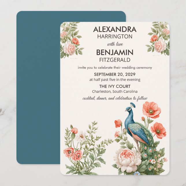 Convites Wedding Peacock Botanical | Vintage Floral Art (Frente/Verso)
