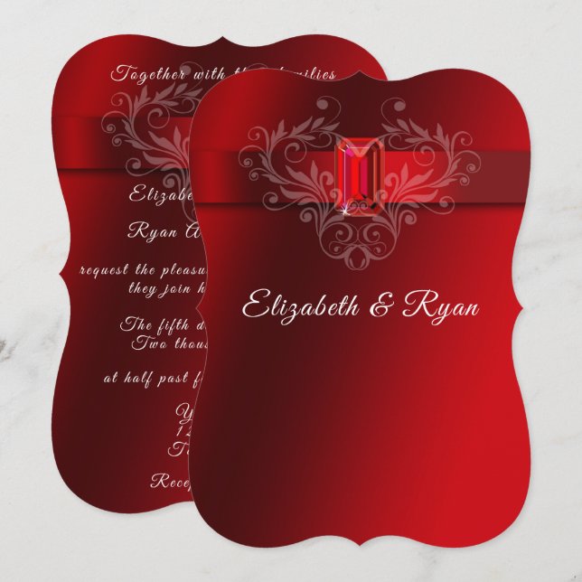 Convites Wedding Red Satin Ribbon Sparkling Ruby (Frente/Verso)