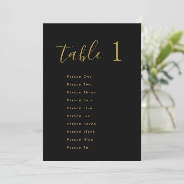 Convites Wedding Table Seating Chart Cards | Gold on Black (Em pé/Frente)