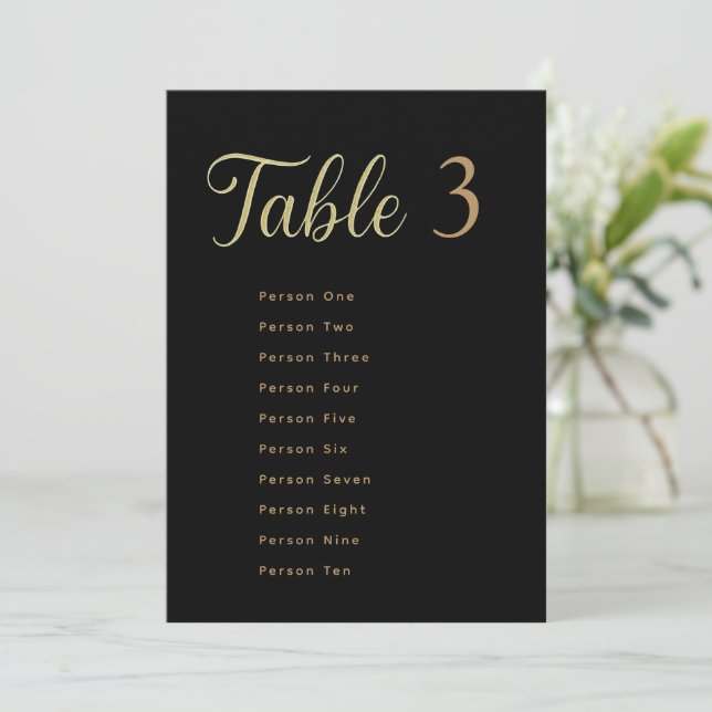 Convites Wedding Table Seating Chart Cards | Gold on Black (Em pé/Frente)