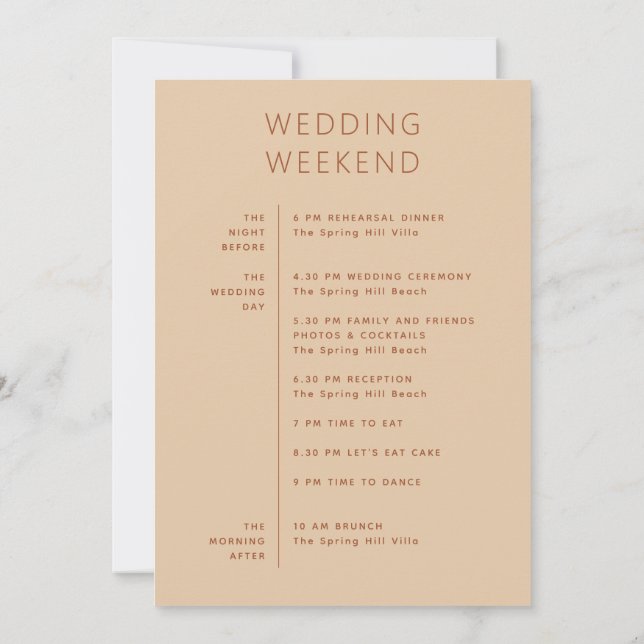 Convites Wedding Weekend Schedule | Timeline Peach Sand (Verso)