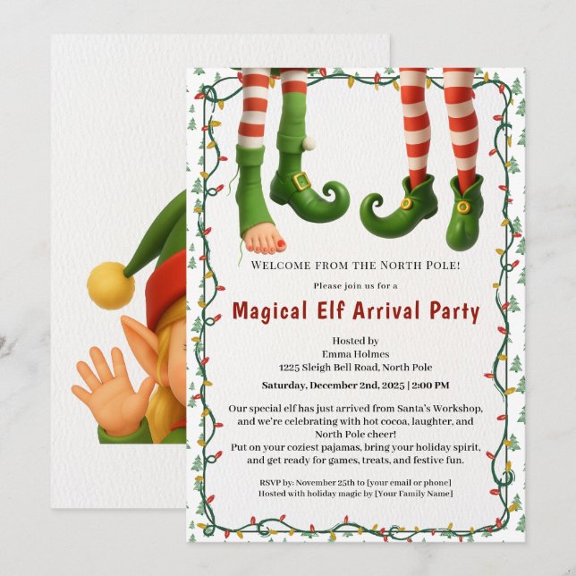 Convites Welcome Elf Party | North Pole Arrival Celebration (Frente/Verso)
