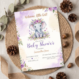 Convites Welcome Little Girl Purple Floral Elephant