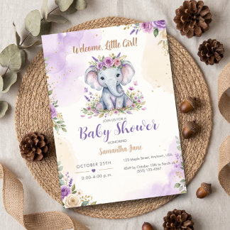 Convites Welcome Little Girl Purple Floral Elephant