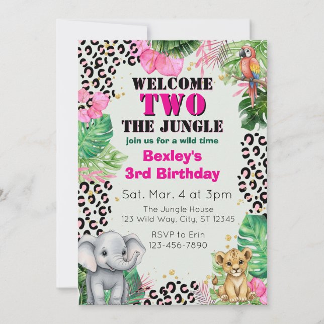 Convites Welcome TWO Jungle Pink 2nd Birthday (Frente)