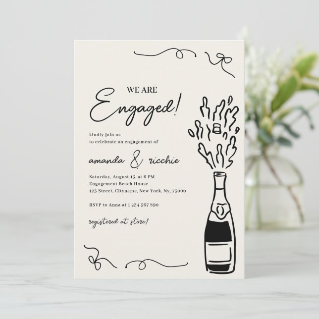 Convites Were Engaged Hand Drawn Champagne Engagement Party (Em pé/Frente)