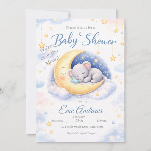 Convites We're Over the Moon Elephant Boy Baby Shower (Frente)