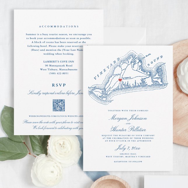 Convites West Tisbury MA Tudo-em-Um Código QR Azul de Casam (West Tisbury Wedding All-in-one QR code Invitation for an elegant Blue Martha's Vineyard Wedding)