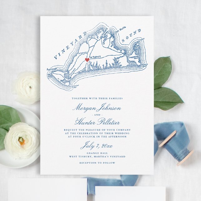 Convites West Tisbury MÃE Map Elegante Marinho Casamento Az (West Tisbury Map Wedding Invitation for an elegant Navy Blue Martha's Vineyard Wedding)