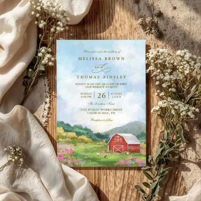 Convites Western Barn Rustic Countryside QR Code Wedding (Criador carregado)