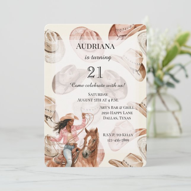 Convites Western Black Brown Cowgirl Oesta Aniversário (Em pé/Frente)