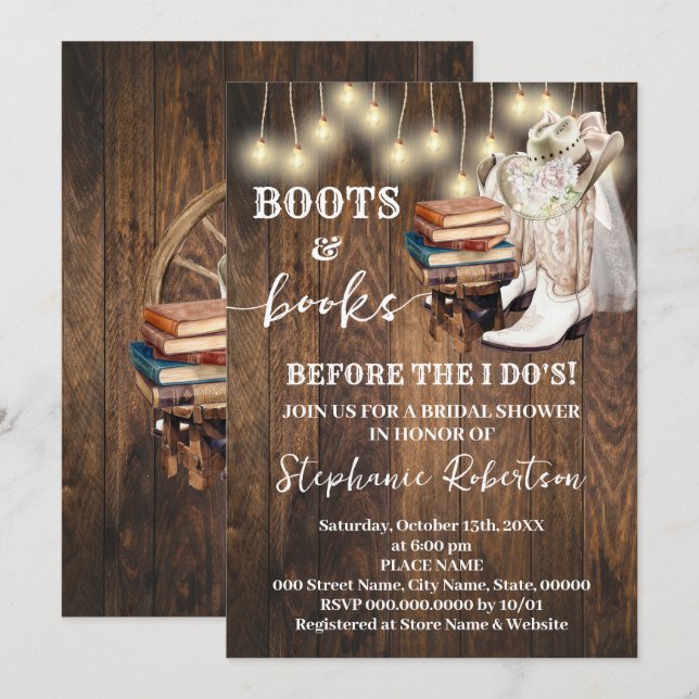 Convites Western Boots & Books Before I do Bridal Shower (Frente/Verso)