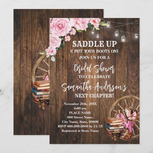 Convites Western Boots Saddle Up Next Chapter Bridal Shower (Frente/Verso)