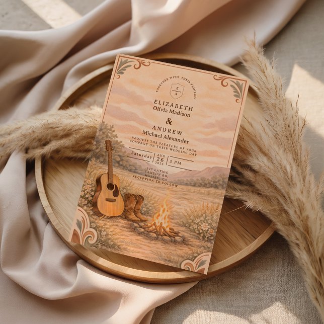 Convites Western Campfire Guitar Meadow Wedding (Criador carregado)