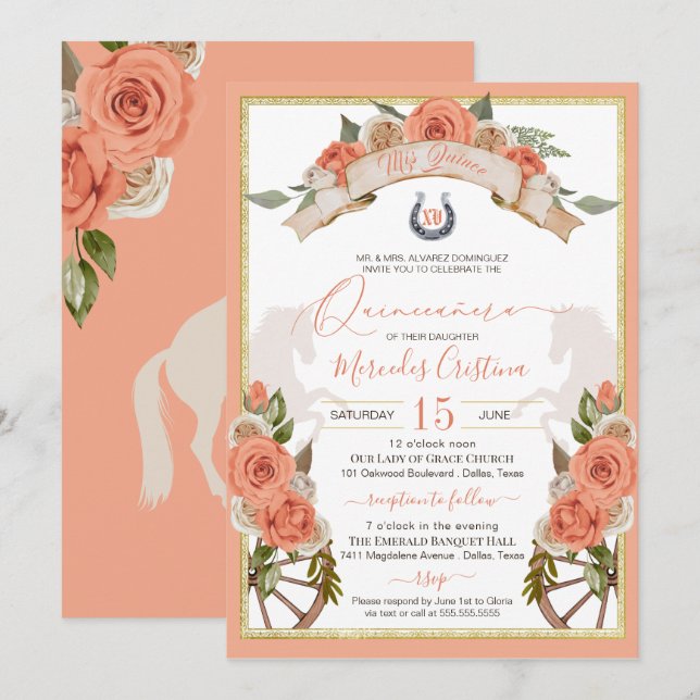 Convites Western Charro Peach Rosa Horse Quinceañera (Frente/Verso)