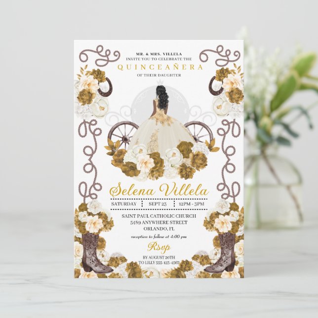 Convites Western Charro Princess Ivory & Dourada Quinceañer (Em pé/Frente)