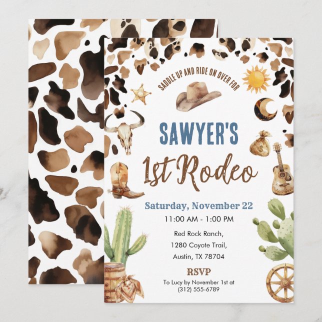 Convites Western Cowboy “1st Rodeo” Birthday Invitation (Frente/Verso)