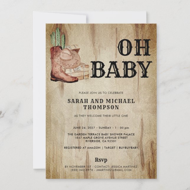 Convites Western Cowboy Baby Shower Cactus Hat Boots (Frente)