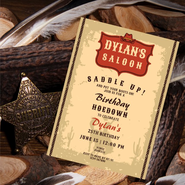 Convites Western Cowboy Funny Birthday Russe Soirée (Western Cowboy Rodeo Saloon Theme Birthday Hoe Down Rustic Party Invitation)