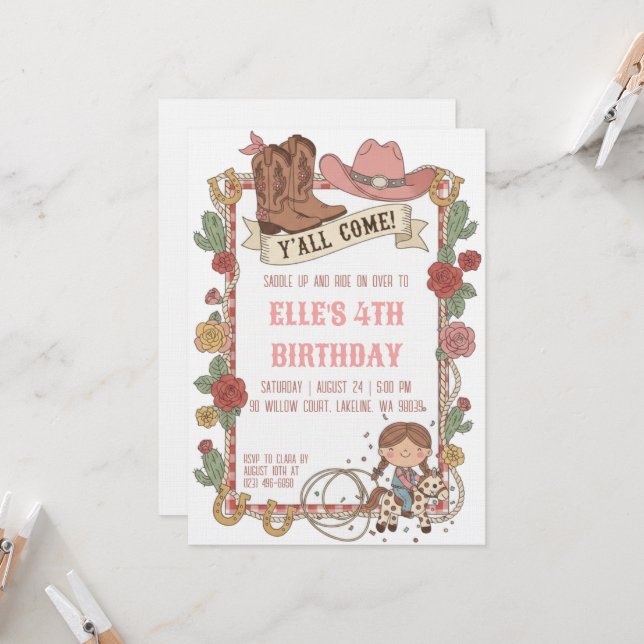 Convites western cowgirl birthday invitations (Frente/Verso In Situ)