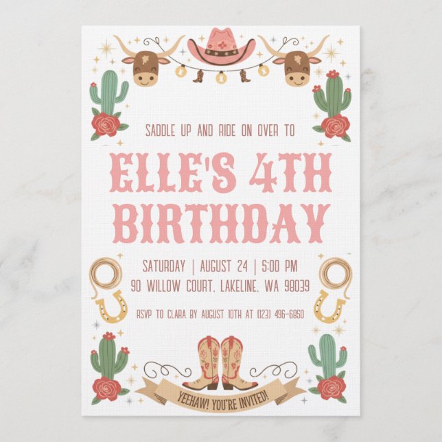 Convites western cowgirl birthday invitations (Frente)