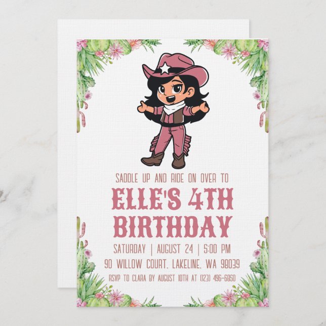 Convites western cowgirl birthday invitations (Frente/Verso)