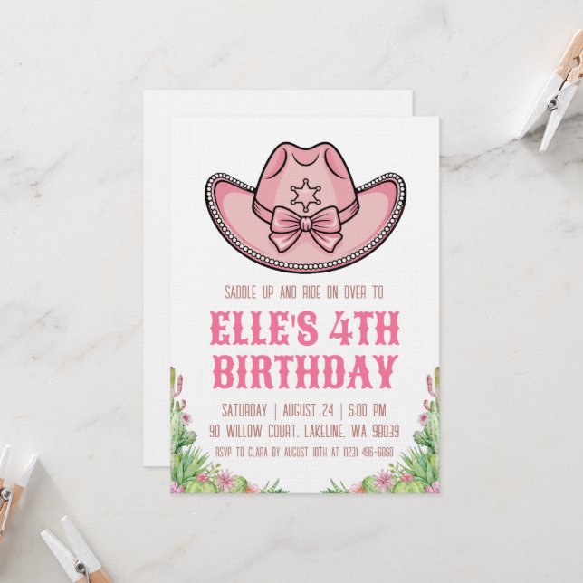 Convites western cowgirl birthday invitations (Frente/Verso In Situ)