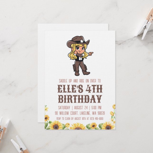 Convites western cowgirl birthday invitations (Frente/Verso In Situ)