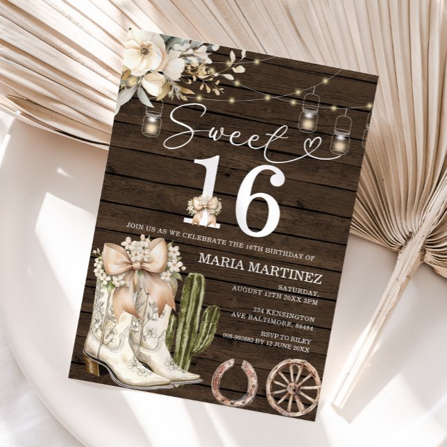 Convites Western Cowgirl White Boots Wood Sweet 16 Aniversá (Criador carregado)