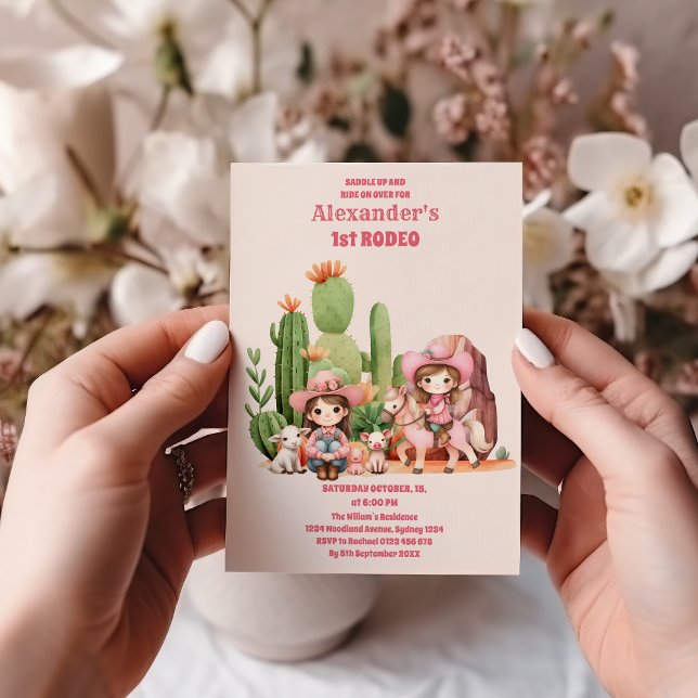 Convites Western First Rodeo Wildwest Cowgirl Pink Aniversá (Criador carregado)