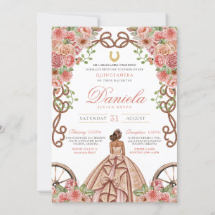 Convites Western Floral Rosa Dourado Charro Quinceanera