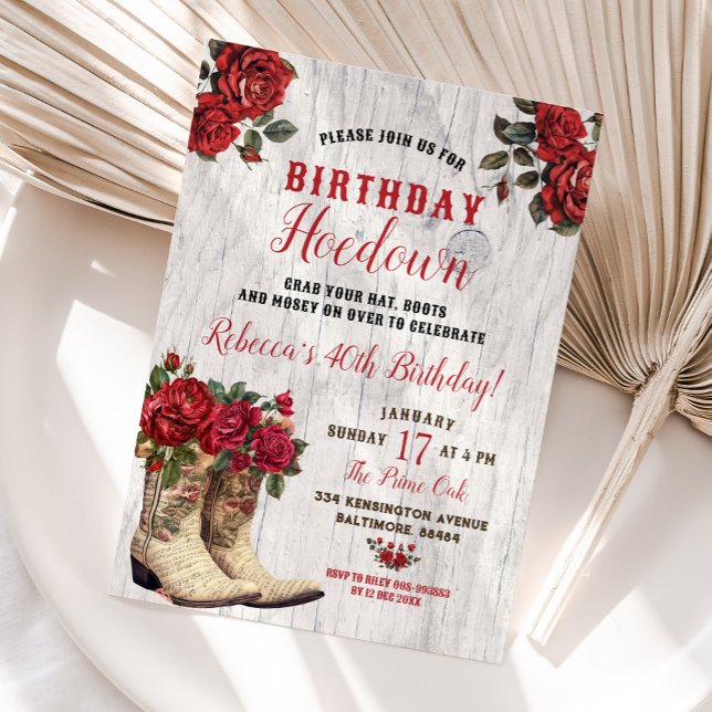 Convites Western Hoedown Rustic Cowgirl Red Floral Birthday (Criador carregado)
