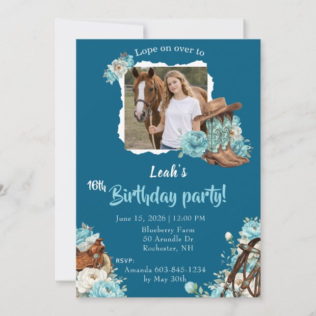 Convites Western Horse Floral Birthday Invitation – Navy (Frente)
