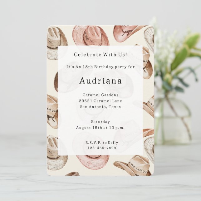 Convites Western Pink Cream Cowgirl Hats Aniversário (Em pé/Frente)