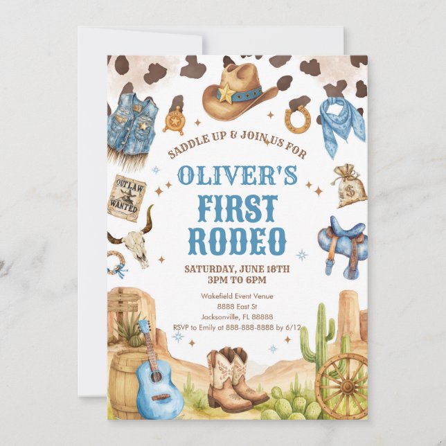 Convites Western Rodeo Cowboy First Rodeo 1st Birthday (Frente)