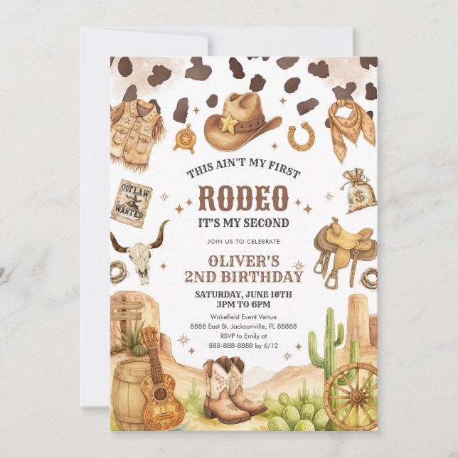 Convites Western Rodeo Cowboy Second Rodeo 2nd Birthday (Frente)