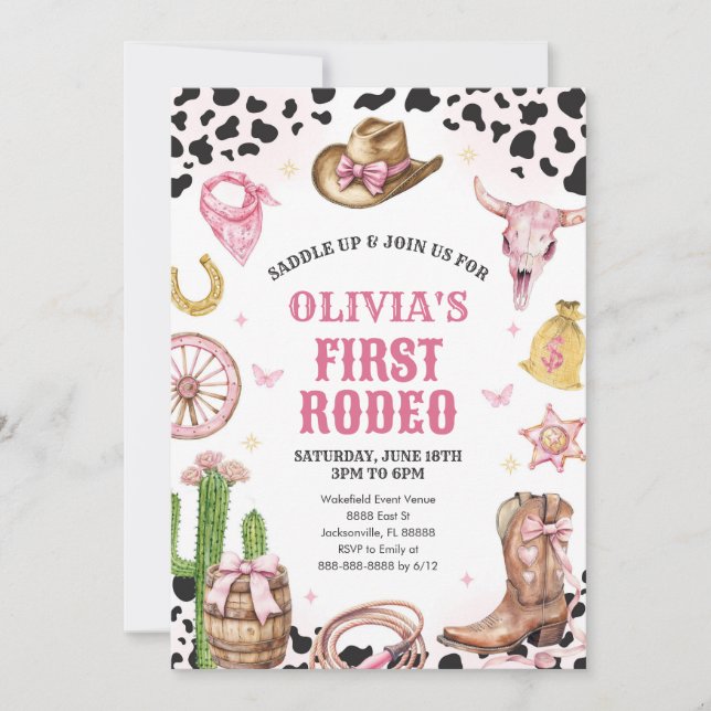 Convites Western Rodeo Cowgirl First Rodeo 1st Birthday (Frente)
