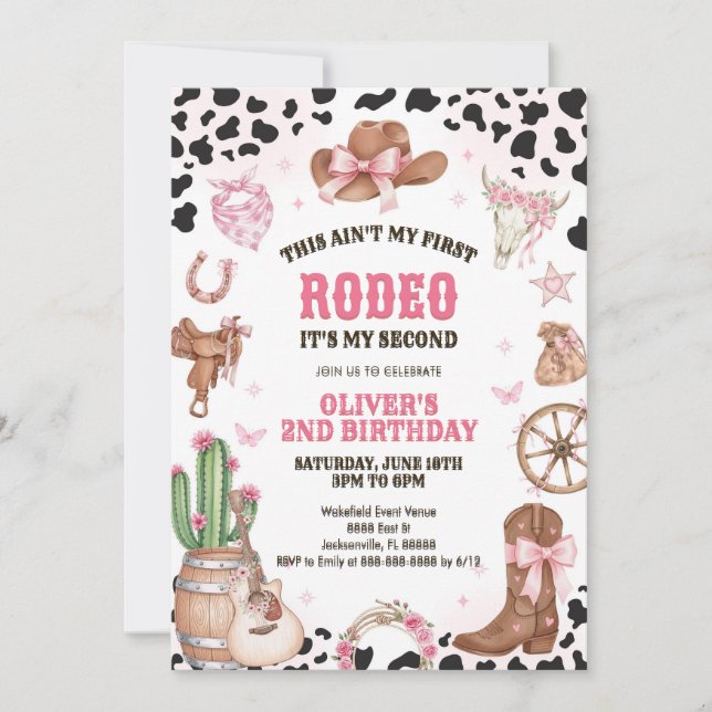 Convites Western Rodeo Cowgirl Second Rodeo 2nd Birthday (Frente)