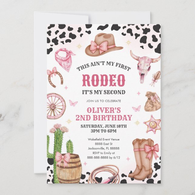 Convites Western Rodeo Cowgirl Second Rodeo 2nd Birthday (Frente)