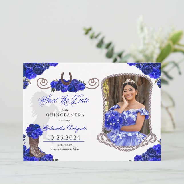 Convites Western Royal Blue Quinceañera Salve a Foto da Dat (Em pé/Frente)