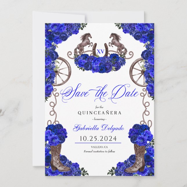 Convites Western Royal Blue Salve a data Quinceañera (Frente)