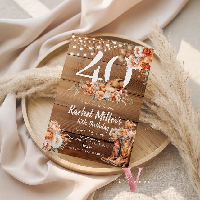 Convites Western Rustic Dried Flower Hat Boots Birthday (Criador carregado)