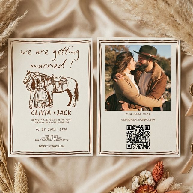 Convites Western Rustic Hand Drawn Photo QR Code Wedding (Criador carregado)