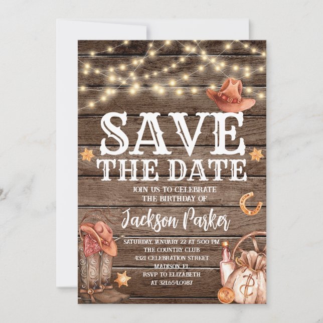 Convites Western Save the Date Birthday Country Birthday (Frente)
